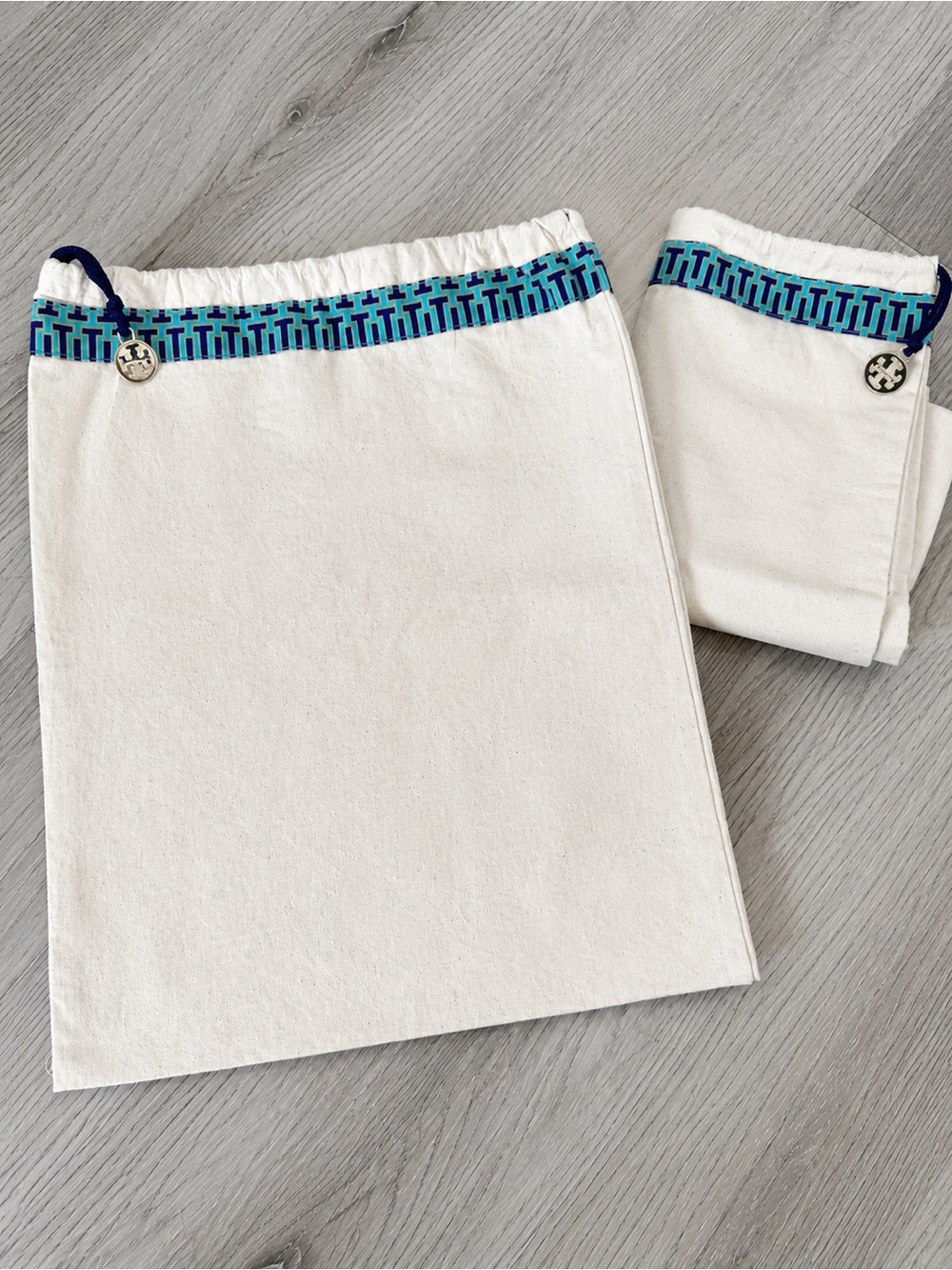 Tory Burch Cream Canvas Bags with Blue Trim and Logo Charm NWT